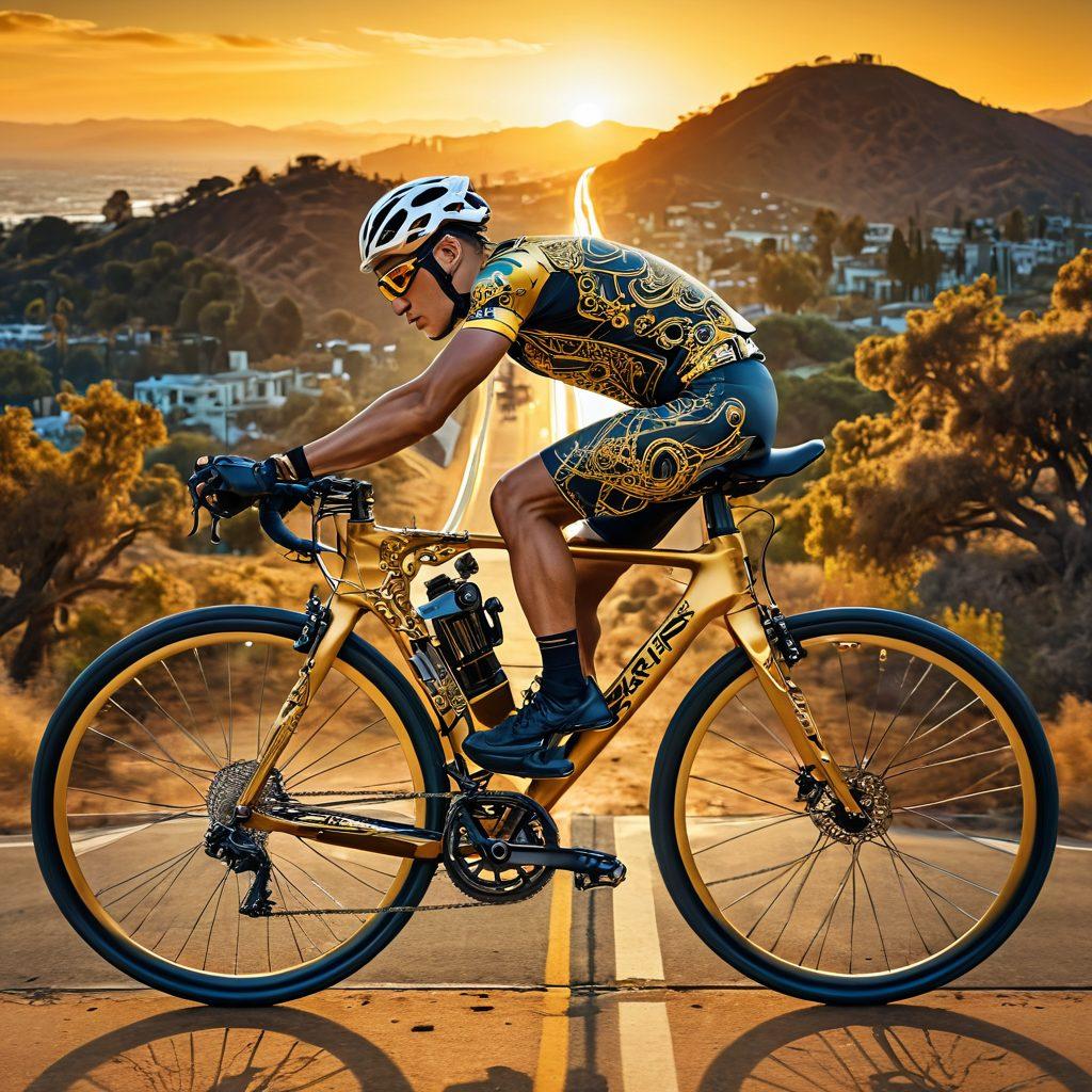 A dynamic collage showcasing a high-tech bicycle merging with intricate circuit board designs, against the backdrop of a California landscape with golden hues. Include elements like gears and digital screens to highlight technology, and cyclists in motion to represent the cycling culture. The foreground features a blend of natural and technological elements, embodying innovation in movement. vibrant colors. super-realistic.