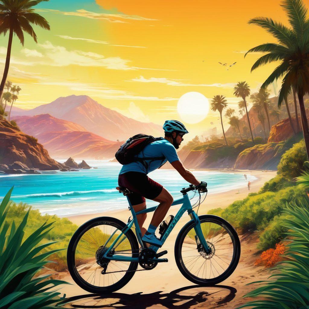 A vibrant illustration of a cyclist riding along California's coastline, surrounded by lush landscapes and digital circuits intertwining with nature. The scene captures the essence of biking culture blended with technology, featuring a sunny sky and palm trees in the background. Incorporate elements like bicycles and printed circuit boards (PCBs) to symbolize the fusion of biking and digital exploration. colorful and dynamic. super-realistic. vibrant colors.