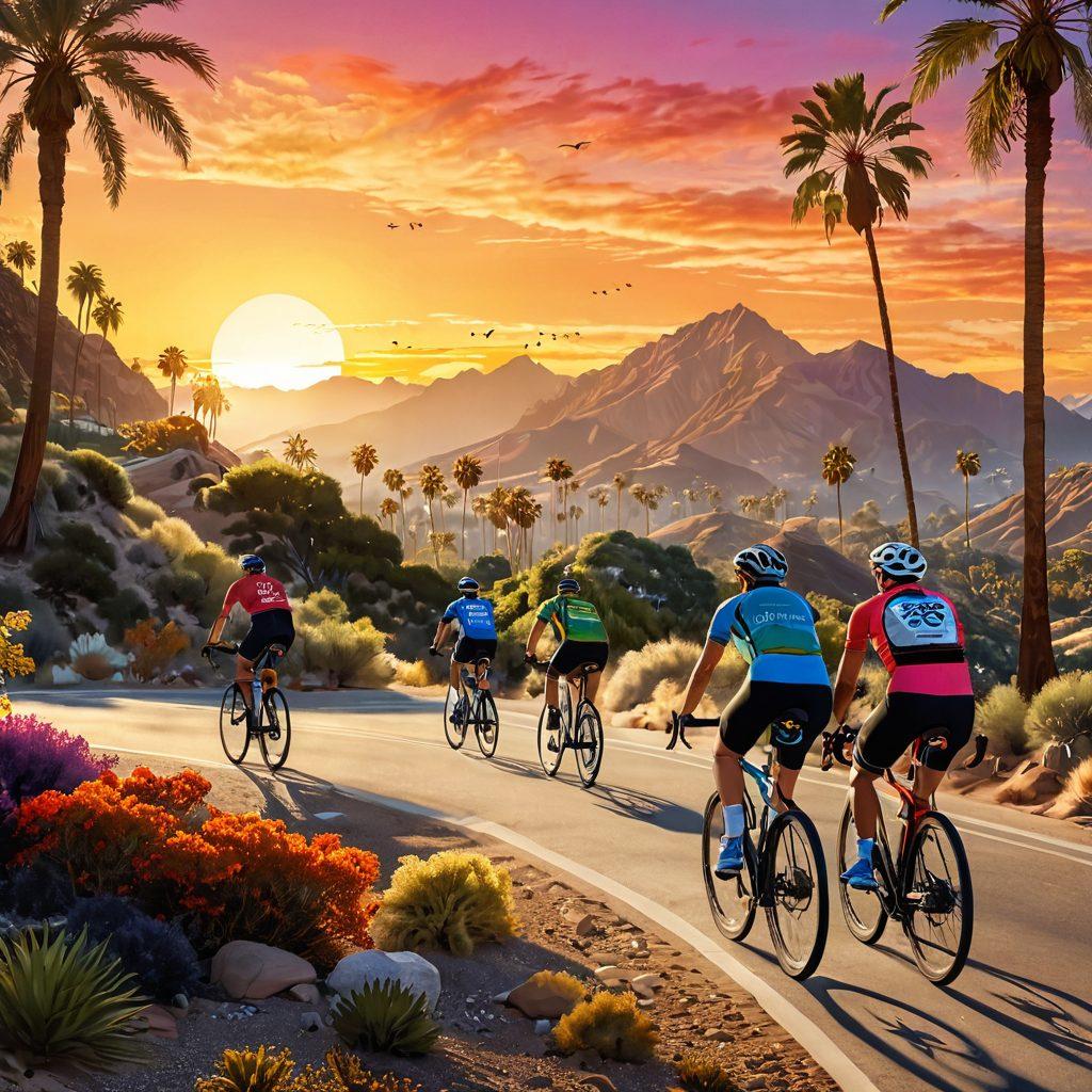 A vibrant Californian landscape featuring a diverse group of cyclists on winding trails, with iconic palm trees and mountains in the background. Incorporate elements of online narratives like floating text bubbles or digital maps highlighting bike routes. Include dynamic motion effects to convey speed and energy. A warm sunset palette to create an inviting atmosphere. super-realistic. vibrant colors. 3D.